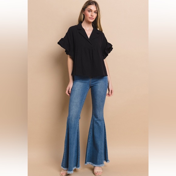 29 Boho Double Gauze Wide Collar Ruffle Sleeve Top - Picture 3 of 7